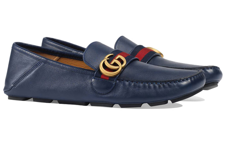 Shop GUCCI古馳 雙G系列 牛皮 条纹织带 樂福鞋 男款 藍色