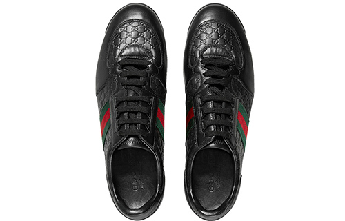 Shop GUCCI 古馳 牛皮GG壓紋 帆布綁帶 黑