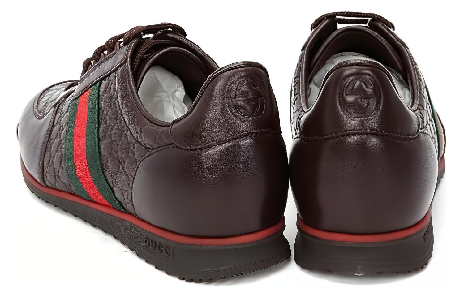 Shop 구찌 초콜릿 가죽 웹 스니커즈 (Gucci Chocolate Leather Web Sneakers) 233334-A9LA0-2051