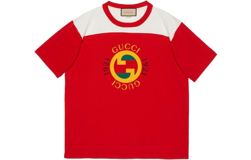 Gucci Letter & Logo Print Colorblock Red Crew Neck T-Shirt for Men 756708-XJFWL-6362