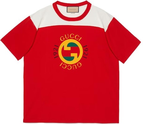 Gucci Letter & Logo Print Colorblock Red Crew Neck T-Shirt for Men 756708-XJFWL-6362 Buy Gucci Letter & Logo Print Colorblock Red Crew Neck T-Shirt for Men 756708-XJFWL-6362