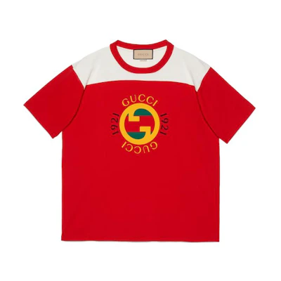 Gucci Letter & Logo Print Colorblock Red Crew Neck T-Shirt for Men 756708-XJFWL-6362