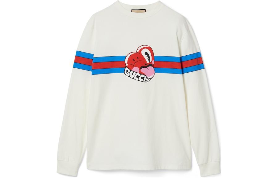 Gucci Letter Stripe Print Crewneck Long Sleeve T-Shirt Men Beige 774304-XJGIN-9095