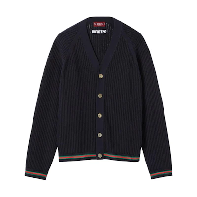 Gucci Lido Collection Striped Single-Breasted Navy Blue Knit Cardigan Men 788009-XKD15-4345
