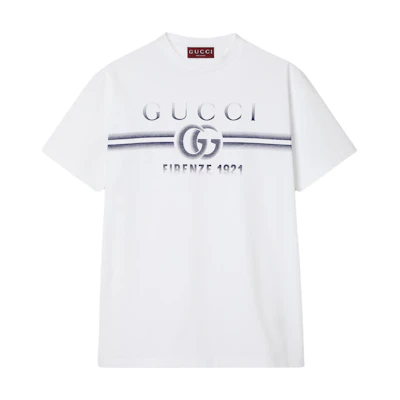 Gucci Lido Logo Stripe Print White Crewneck T-Shirt Men 785345-XJGKJ-9034