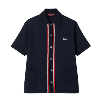 Gucci Lido SS24 Multicolor Striped Logo Embroidered Navy Short Sleeve Shirt 742380-XJGKU-4215