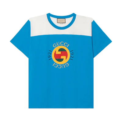 Gucci Light Blue Short Sleeve Patchwork Crewneck T-Shirt 756708XJFWL4815