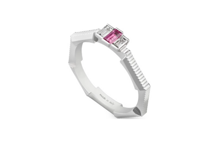 GUCCI Link to Love 18K White Gold Tourmaline Diamond Unisex Silver Ring. 662257J84W5