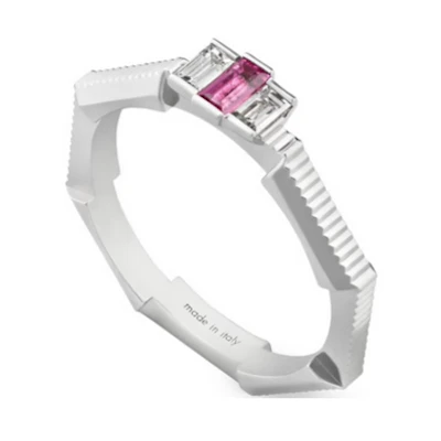 GUCCI Link to Love 18K White Gold Tourmaline Diamond Unisex Silver Ring. 662257J84W5