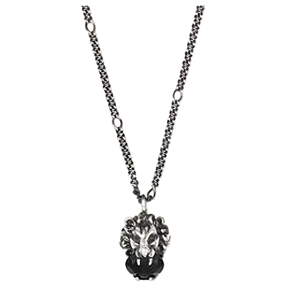 GUCCI Lion Head Crystal Necklace Silver Black Unisex Fashion Jewelry 412885-J1D50-9074