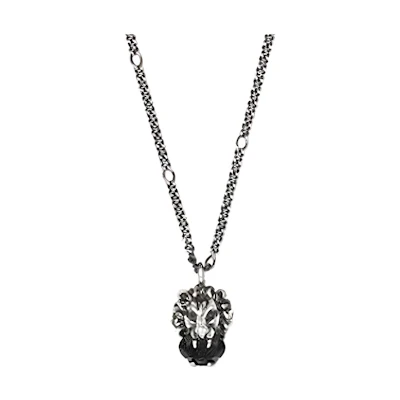 GUCCI Lion Head Crystal Necklace Silver Black Unisex Fashion Jewelry 412885-J1D50-9074