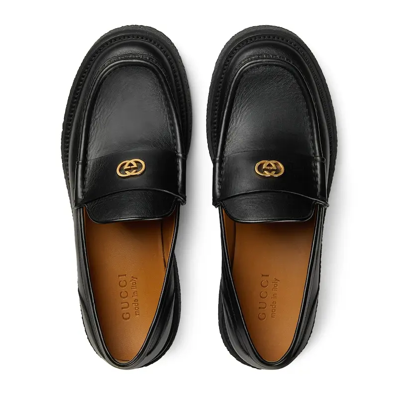 Shop GUCCI古馳 牛皮革 百搭舒適 樂福鞋 男款 黑色