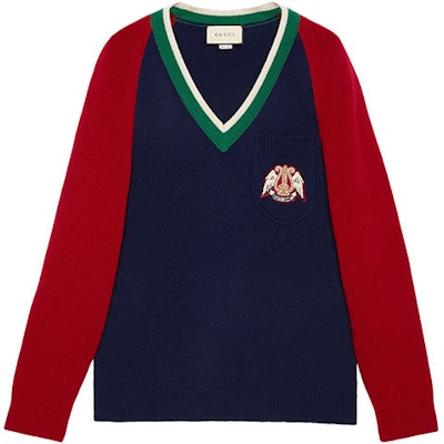 Gucci Logo Blue Wool V-Neck Pullover Sweater 575504-XKATG-4278 Buy Gucci Logo Blue Wool V-Neck Pullover Sweater 575504-XKATG-4278