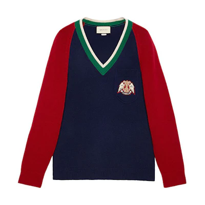 Gucci Logo Blue Wool V-Neck Pullover Sweater 575504-XKATG-4278