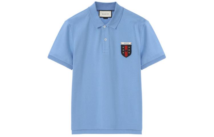 Gucci Logo Crest Applique Button-Up Short Sleeve Polo Light Blue 408322-X7333-4907