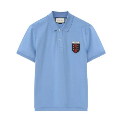 Gucci Logo Crest Applique Button-Up Short Sleeve Polo Light Blue 408322-X7333-4907