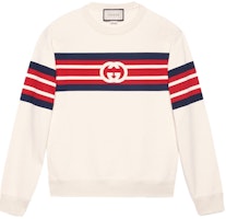 Gucci Logo Pattern Striped Crewneck Sweater Men Beige 626990-XJDAH-9150 Gucci Logo Pattern Striped Crewneck Sweater Men Beige 626990-XJDAH-9150