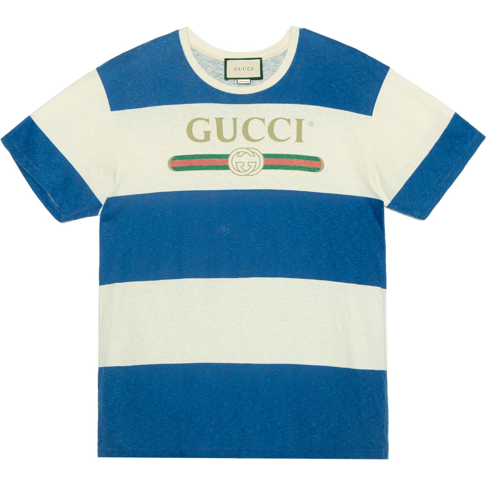 Gucci Logo Print Blue Crew Neck Relaxed Fit T-Shirt for Men 604176-XJB6V-9230