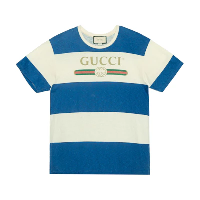Gucci Logo Print Blue Crew Neck Relaxed Fit T-Shirt for Men 604176-XJB6V-9230