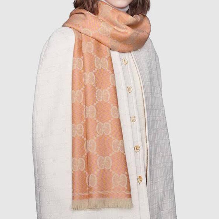 GUCCI Logo Print Frayed Knit Scarf Pink/Beige Unisex 627011-3G200-5979 圖 4