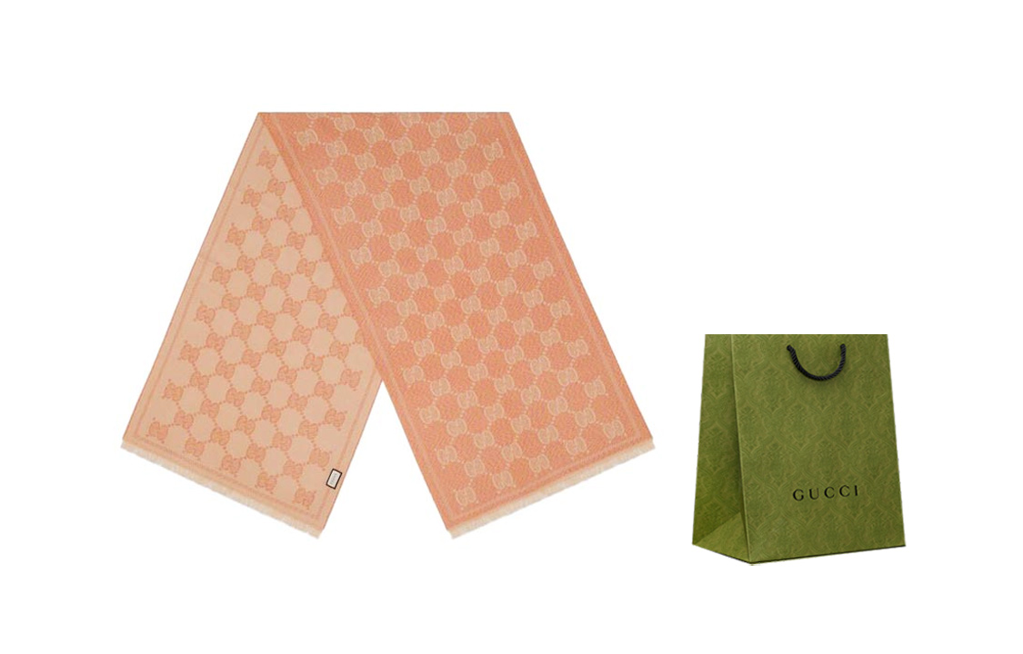 GUCCI Logo Print Frayed Knit Scarf Pink/Beige Unisex 627011-3G200-5979 圖 6