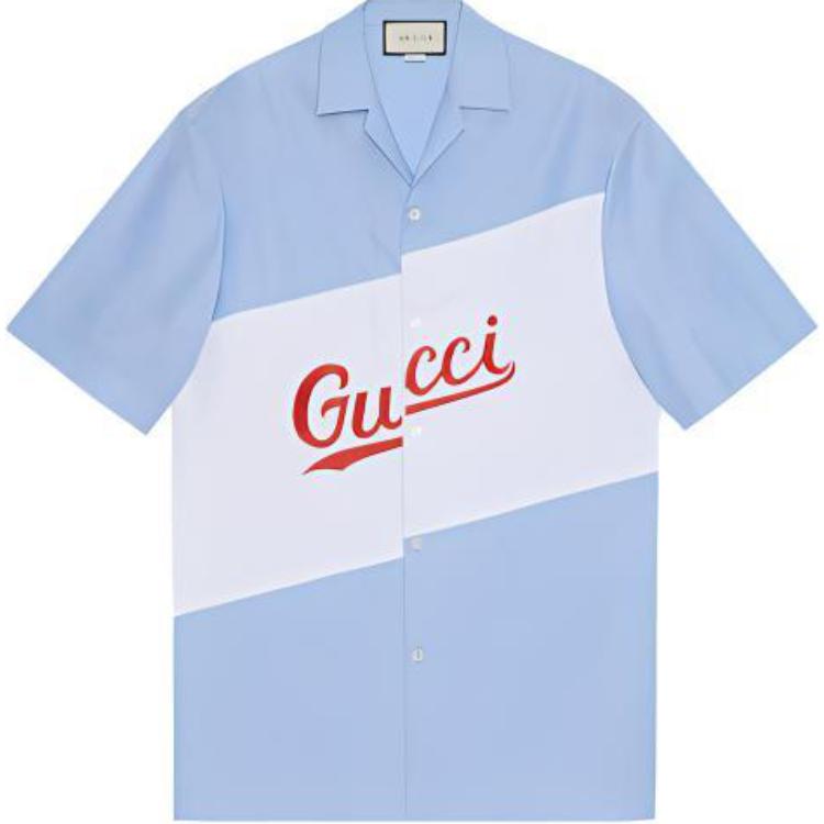 Gucci Logo Print Short Sleeve Button-Up Shirt Light Blue 619033-ZAEN3-4990