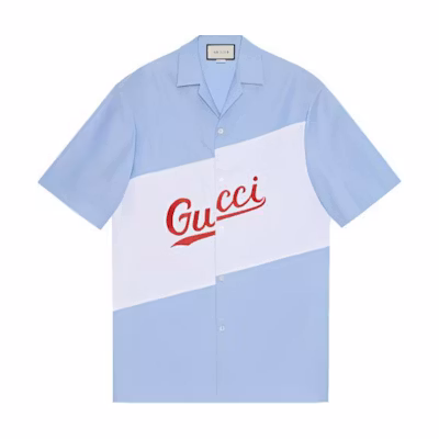 Gucci Logo Print Short Sleeve Button-Up Shirt Light Blue 619033-ZAEN3-4990