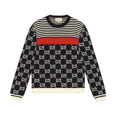 Gucci Logo Striped Knit Sweater in Navy Blue 496458-X9I07-4696