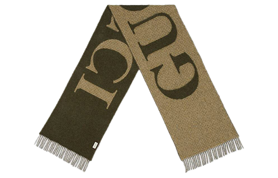 GUCCI Logo Wool Blend Fringe Scarf Olive Green Unisex 644403-4GA41-3366