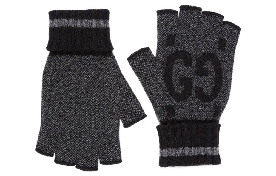 GUCCI Logo Wool/Cashmere Knit Gloves Unisex Black/Grey Warm Casual Stylish 726586-4GABX-1360