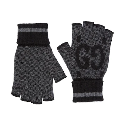 GUCCI Logo Wool/Cashmere Knit Gloves Unisex Black/Grey Warm Casual Stylish 726586-4GABX-1360