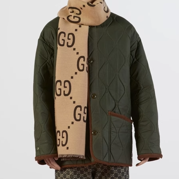 GUCCI Logo Wool Scarf Unisex Couple Design Brown 4955924G350 圖 4