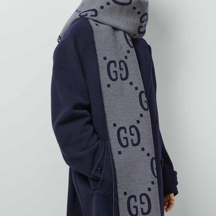 GUCCI Logo Wool Scarf Unisex Couple Style - Grey. 4955924G3504063 圖 4