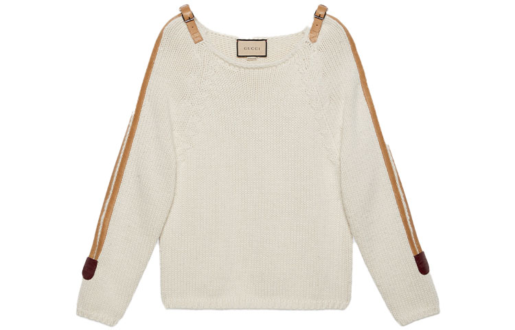 Gucci Loose Fit Crew Neck Sweater with Leather Detail - Off White 683716-XKB4H-9791