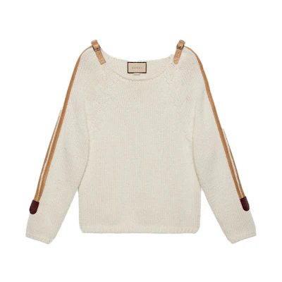 Gucci Loose Fit Crew Neck Sweater with Leather Detail - Off White 683716-XKB4H-9791