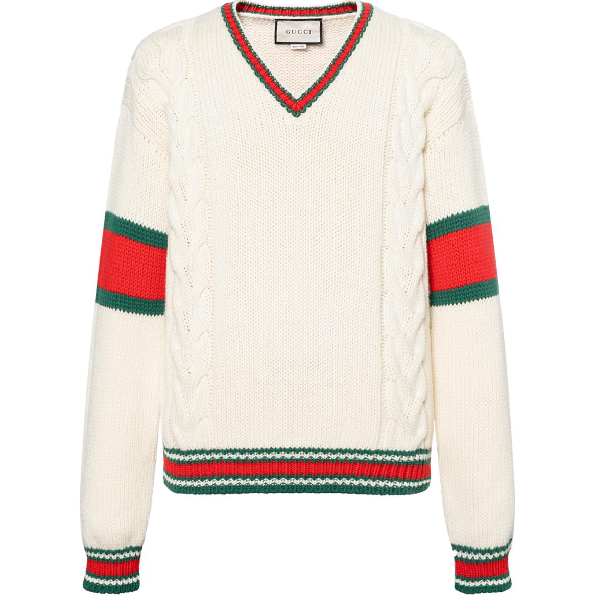 Gucci Loose Fit V-Neck Wool Sweater White with Red-Green Stripes 599310-XKA32-9133
