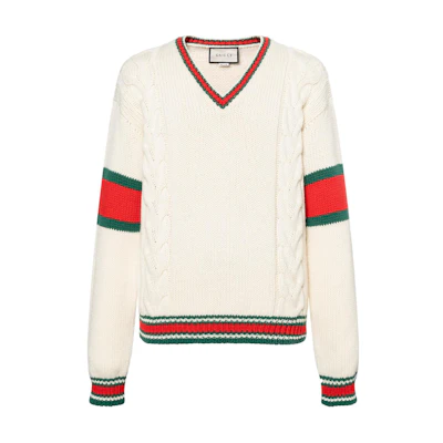 Gucci Loose Fit V-Neck Wool Sweater White with Red-Green Stripes 599310-XKA32-9133