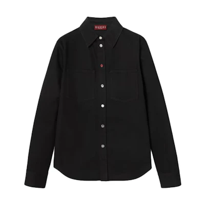 GUCCI Men’s Black Shirt with Solid Logo Embroidery and Pointed Collar. 804188-XDC40-1043