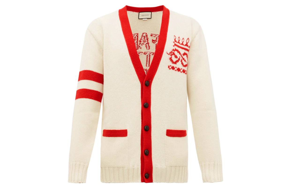 Gucci Men’s White Knit Sweater with Embroidered Logo 577705-XKAVG-9133