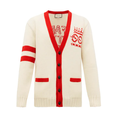 Gucci Men’s White Knit Sweater with Embroidered Logo 577705-XKAVG-9133