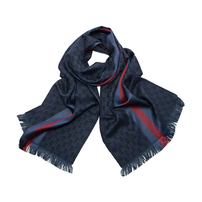 GUCCI Monogram Red Blue Striped Wool Tassel Scarf for Men 544620-4G704-4168