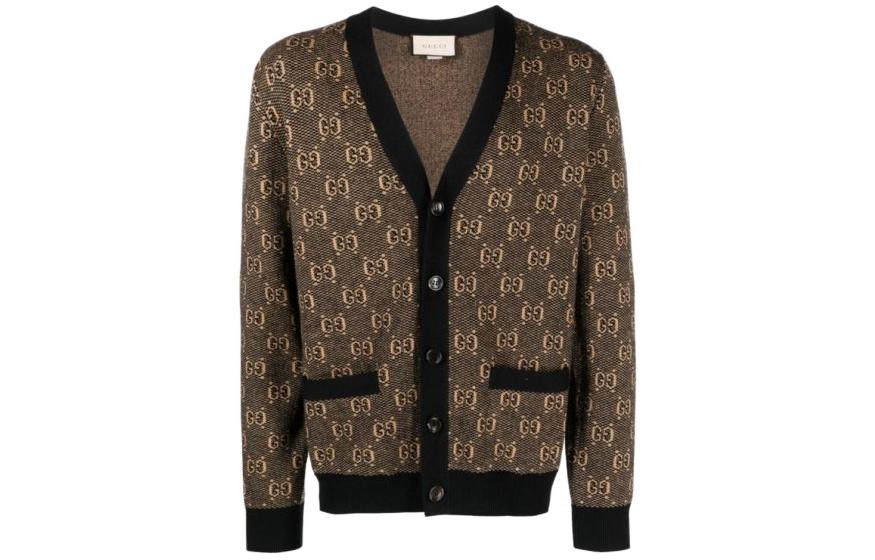 Gucci Monogram Single-Breasted Knit Cardigan Men Brown 761550-XKDK5-2673