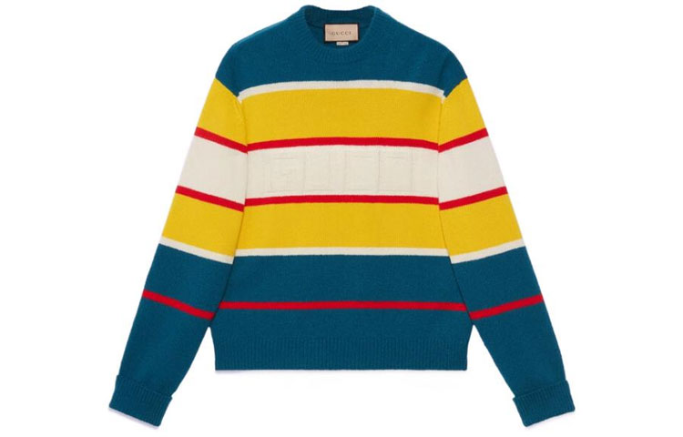 Gucci Multi-color Logo Crewneck Sweater with Striped Collar Trim 729528-XKC0P-4684