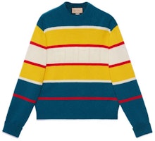 Gucci Multi-color Logo Crewneck Sweater with Striped Collar Trim 729528-XKC0P-4684 Gucci Multi-color Logo Crewneck Sweater with Striped Collar Trim 729528-XKC0P-4684