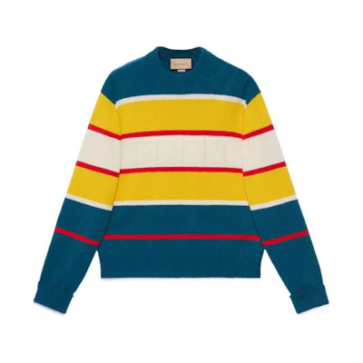 Gucci Multi-color Logo Crewneck Sweater with Striped Collar Trim 729528-XKC0P-4684