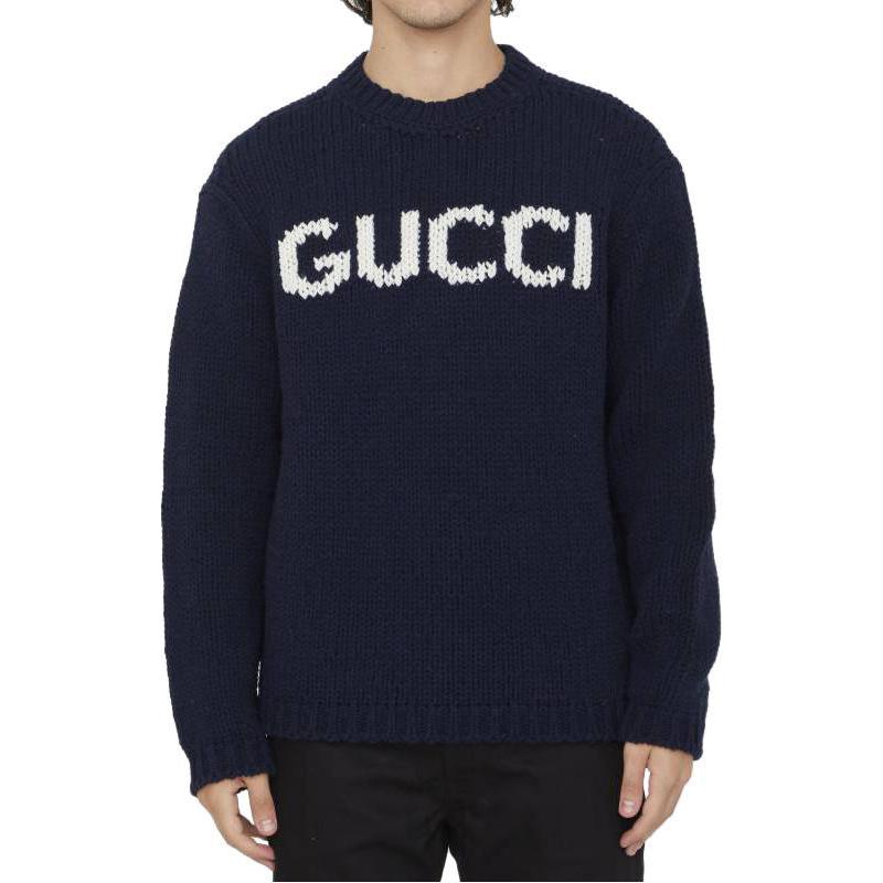 Gucci Navy Blue Knit Sweater with Letter Logo Print 761539-XKDK4-4492