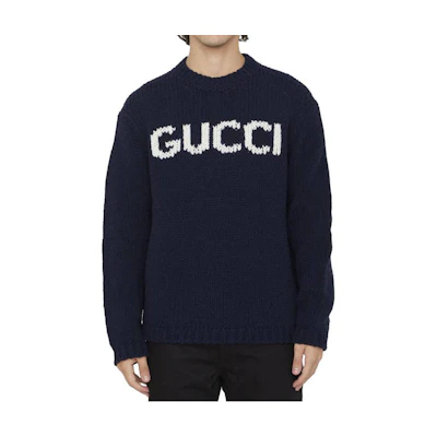 Gucci Navy Blue Knit Sweater with Letter Logo Print 761539-XKDK4-4492