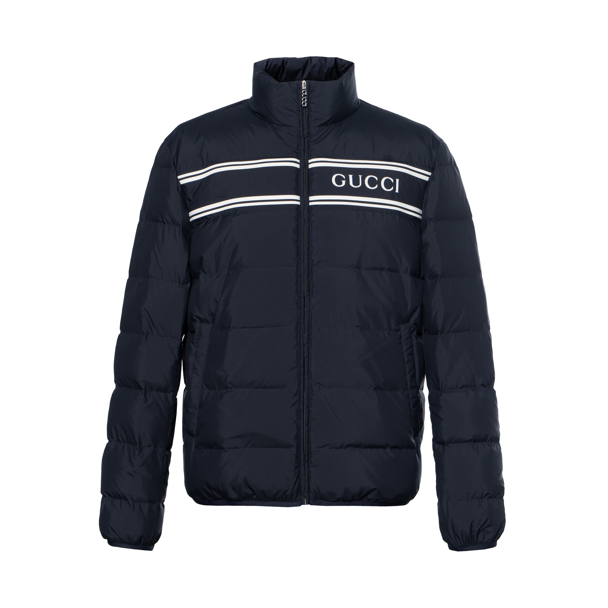 Gucci Navy Blue Logo Embroidered Striped Down Jacket 794821-Z8BTA-4215