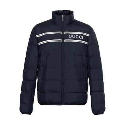 Gucci Navy Blue Logo Embroidered Striped Down Jacket 794821-Z8BTA-4215