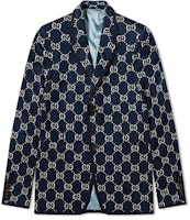 Gucci Navy Blue Logo Jacquard Single-Breasted Blazer 521889-Z372F-4333 Gucci Navy Blue Logo Jacquard Single-Breasted Blazer 521889-Z372F-4333